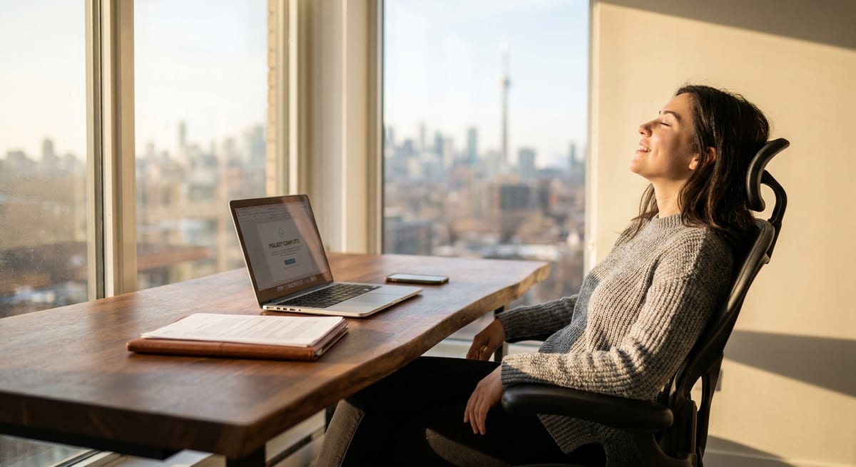Photograph of a smiling woman at a desk with a laptop and Toronto skyline, representing staying in Canada on a BOWP.