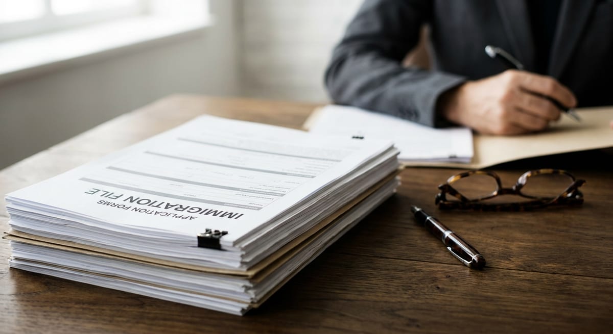 Photograph of a stack of Canada immigration file forms on a wooden desk for a spousal sponsorship application.