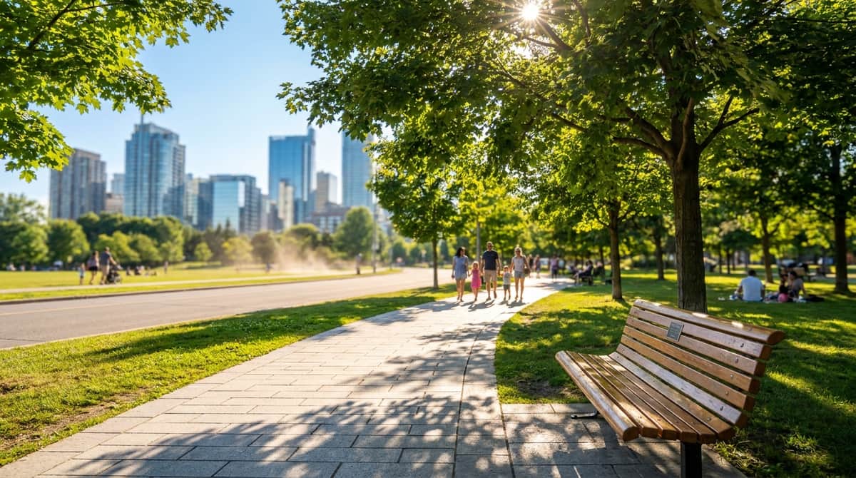 Photograph of a sun-drenched park in a warm Canadian city featuring a wooden bench and a distant skyline.