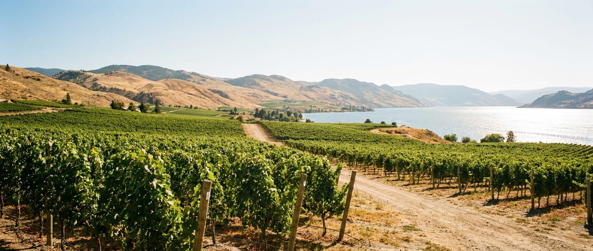 Photograph of a sunny Kelowna vineyard overlooking Okanagan Lake with golden rolling hills in British Columbia.