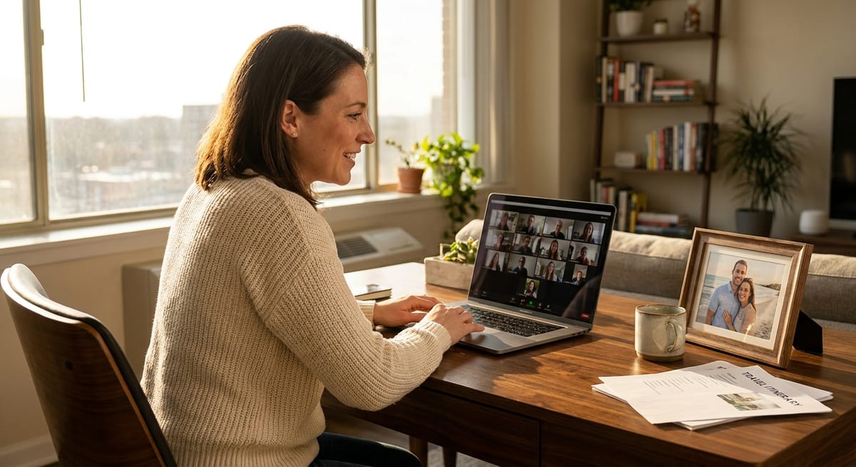 Photograph of a woman on a video call at a wooden desk with a framed photo of her partner, showing a common-law bond.