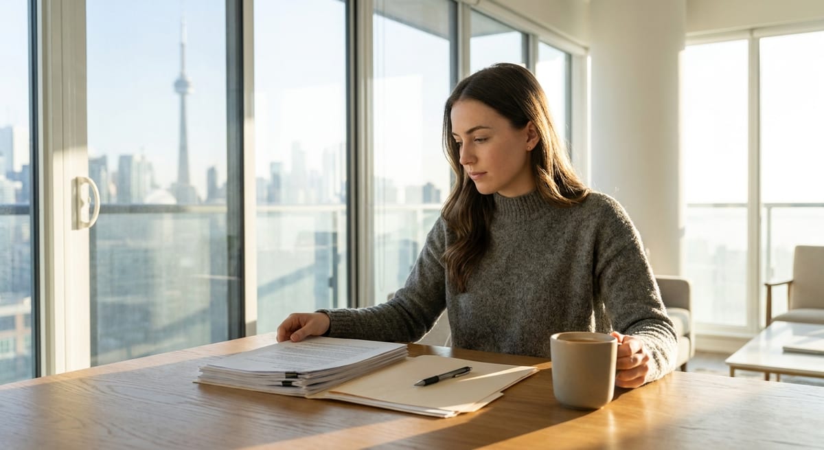 Photograph of a woman reviewing visitor documents near a Toronto skyline view, planning her legal stay in Canada.