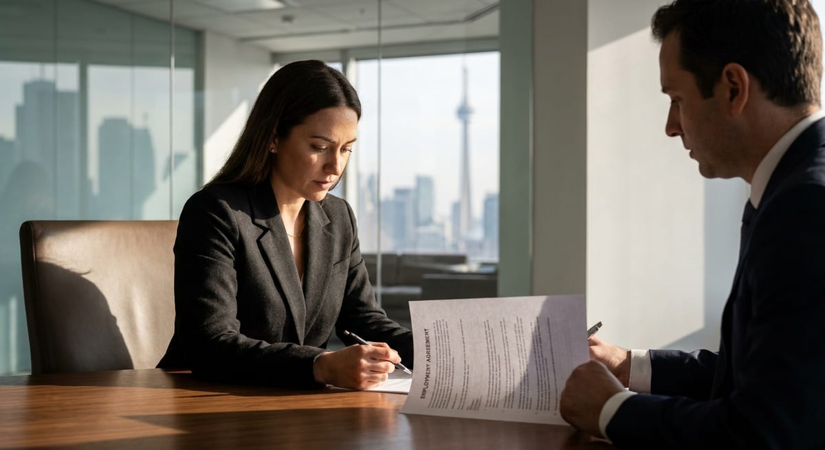 Photograph of a woman signing an employment agreement in a Toronto office to maintain legal status in Canada.