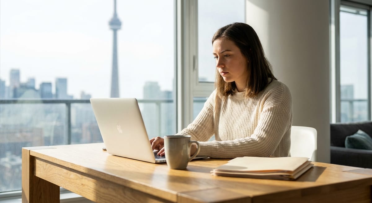 Photograph of a woman working on a laptop, representing a common-law partner applying for a Canadian work permit.