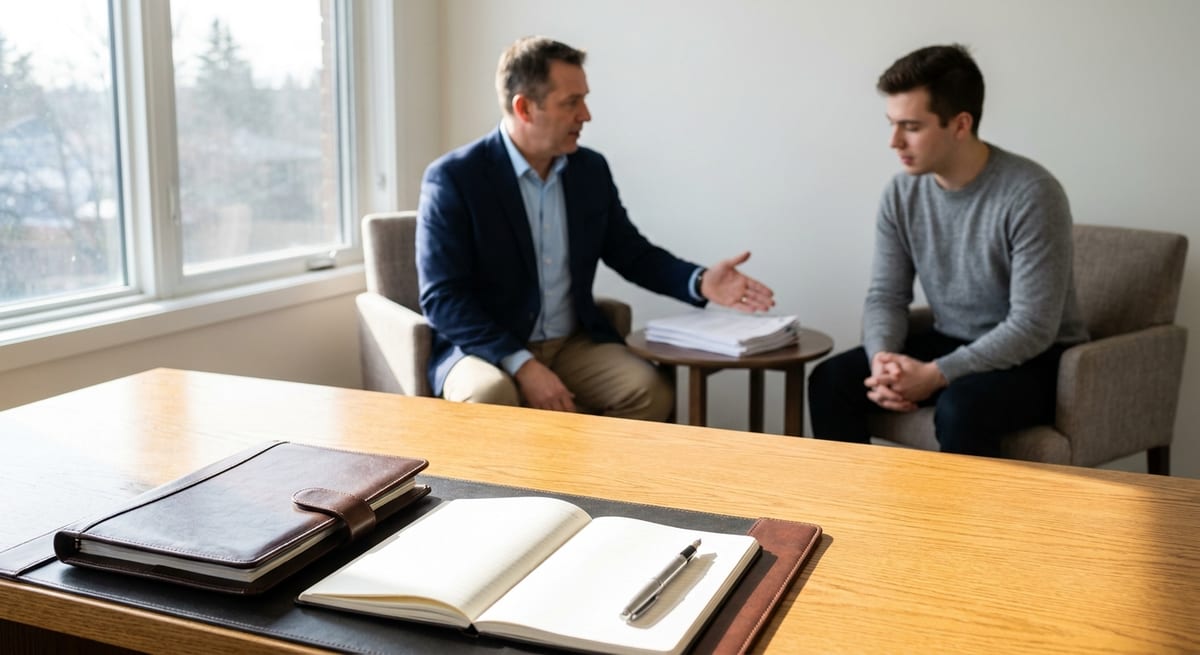 Photograph of an immigration consultant advising a young man on legal ways to stay in Canada after his PGWP expires.