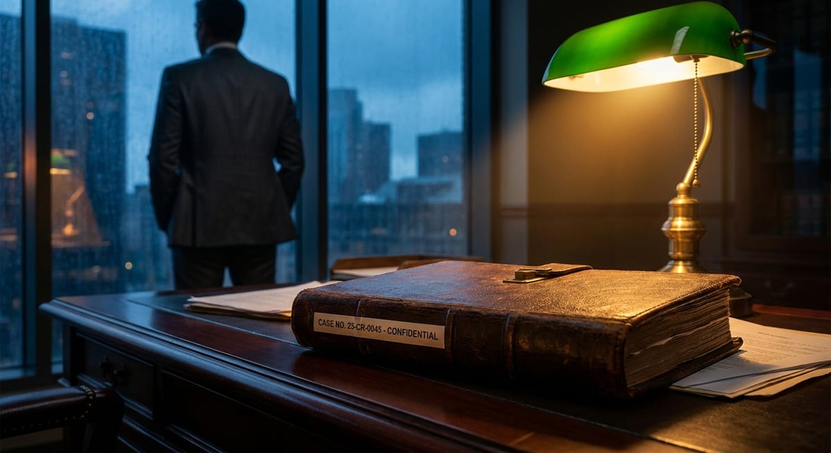 Photograph of an immigration lawyer in a dark office with a confidential litigation case file and green lamp.