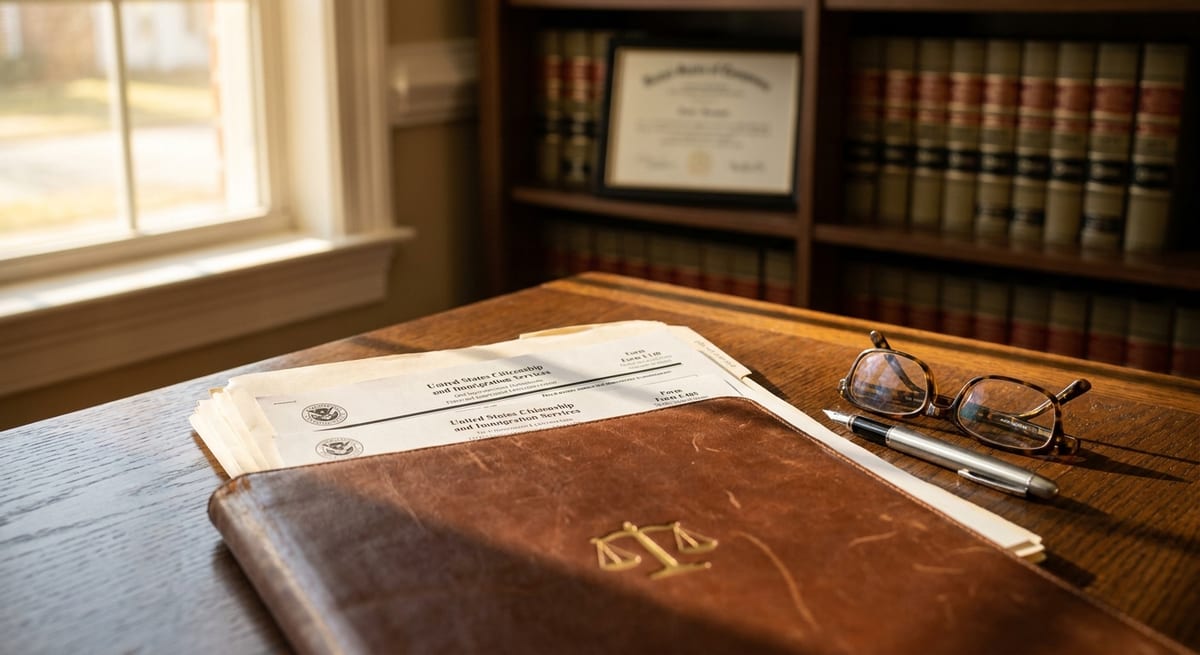 Photograph of an immigration lawyer's desk with legal documents, a leather folder, and glasses in a law office.