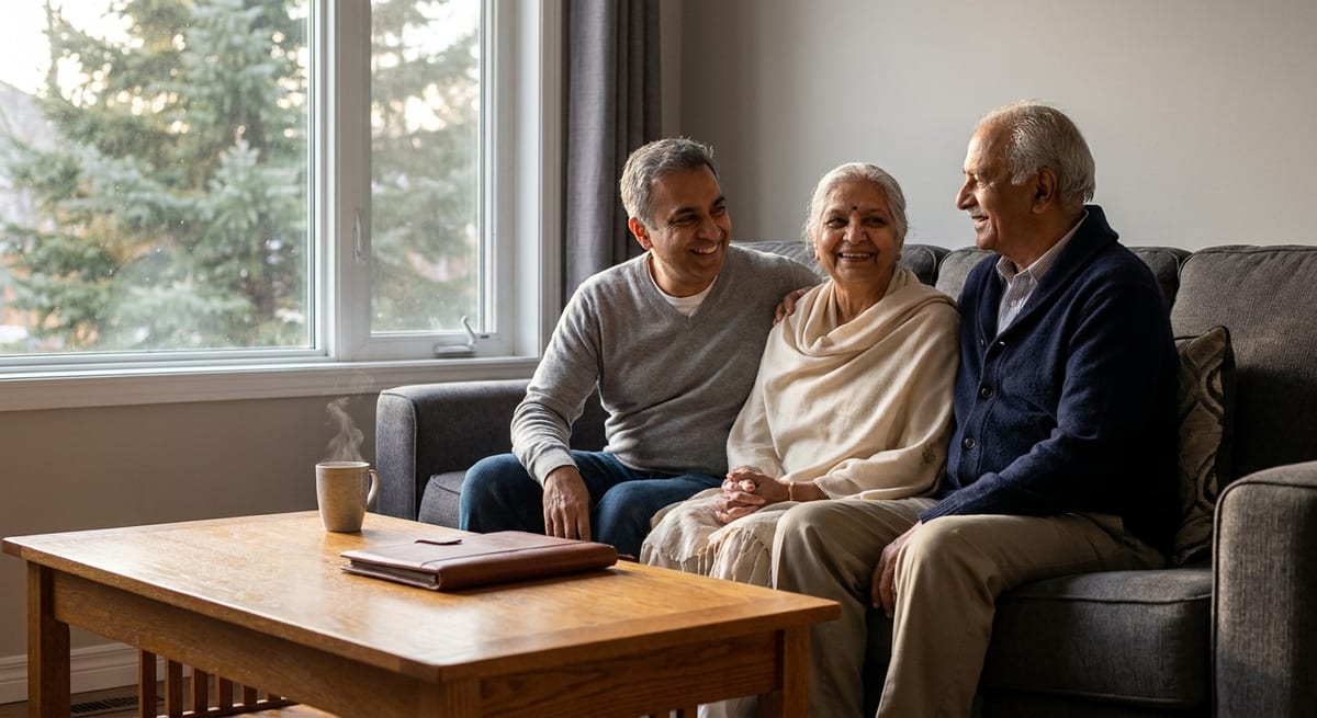 Photograph of an older couple and son on a grey sofa near a window, illustrating a Super Visa Canada family reunion.