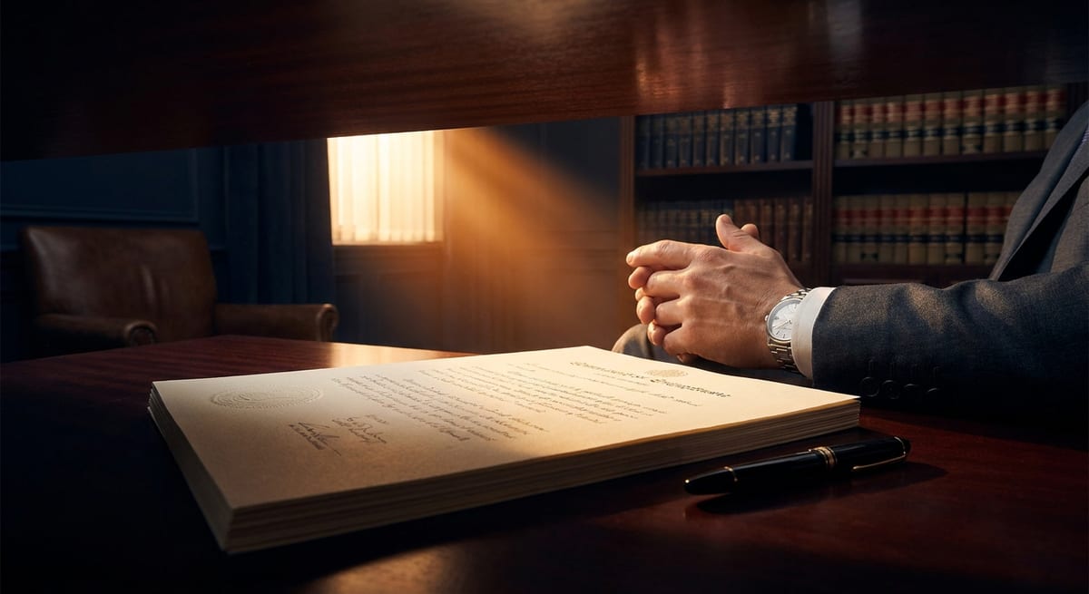 Photograph of hands clasped over a procedural fairness letter on a dark desk with a fountain pen and law books.