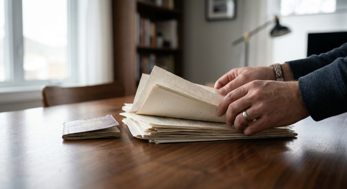 Photograph of hands flipping through papers and a passport, preparing a Spouse Open Work Permit application in Canada.