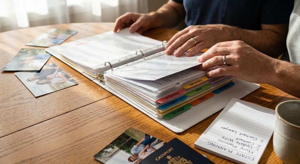Photograph of hands organizing a binder with labeled tabs and photos for a Canada spousal sponsorship application.