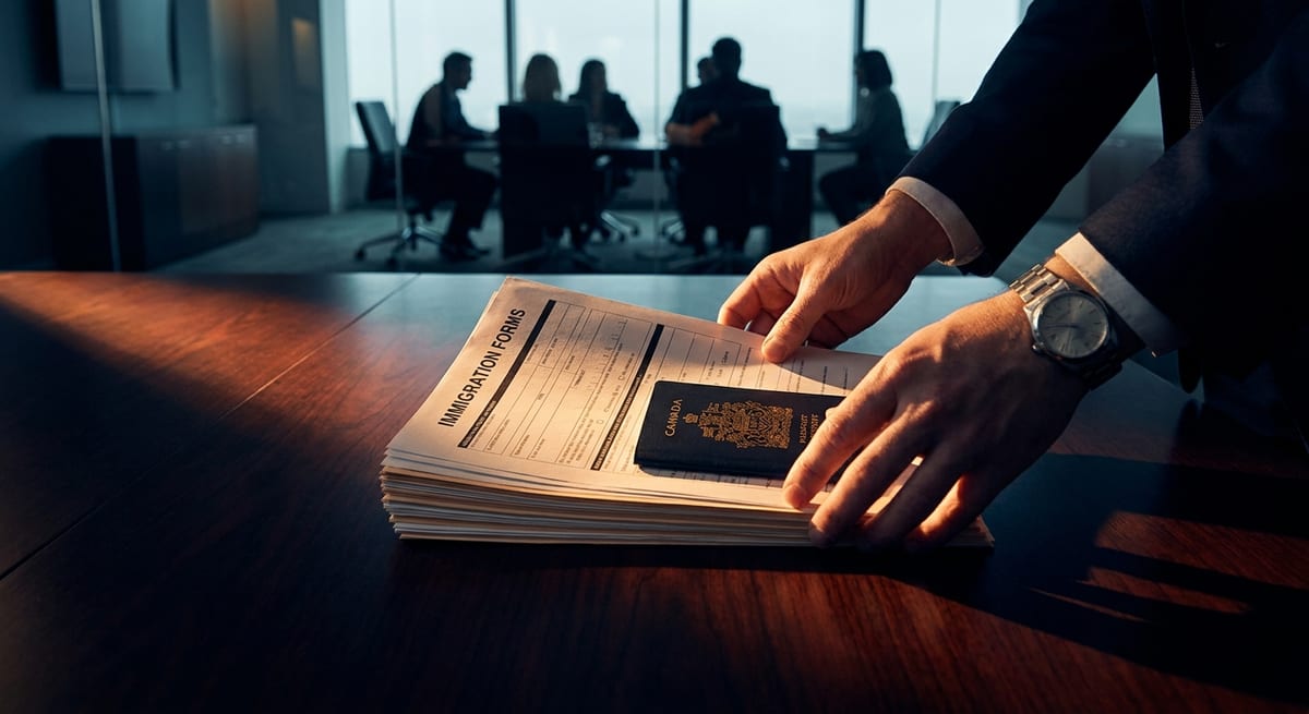 Photograph of hands placing a Canadian passport on immigration forms for a Temporary Resident Permit application.