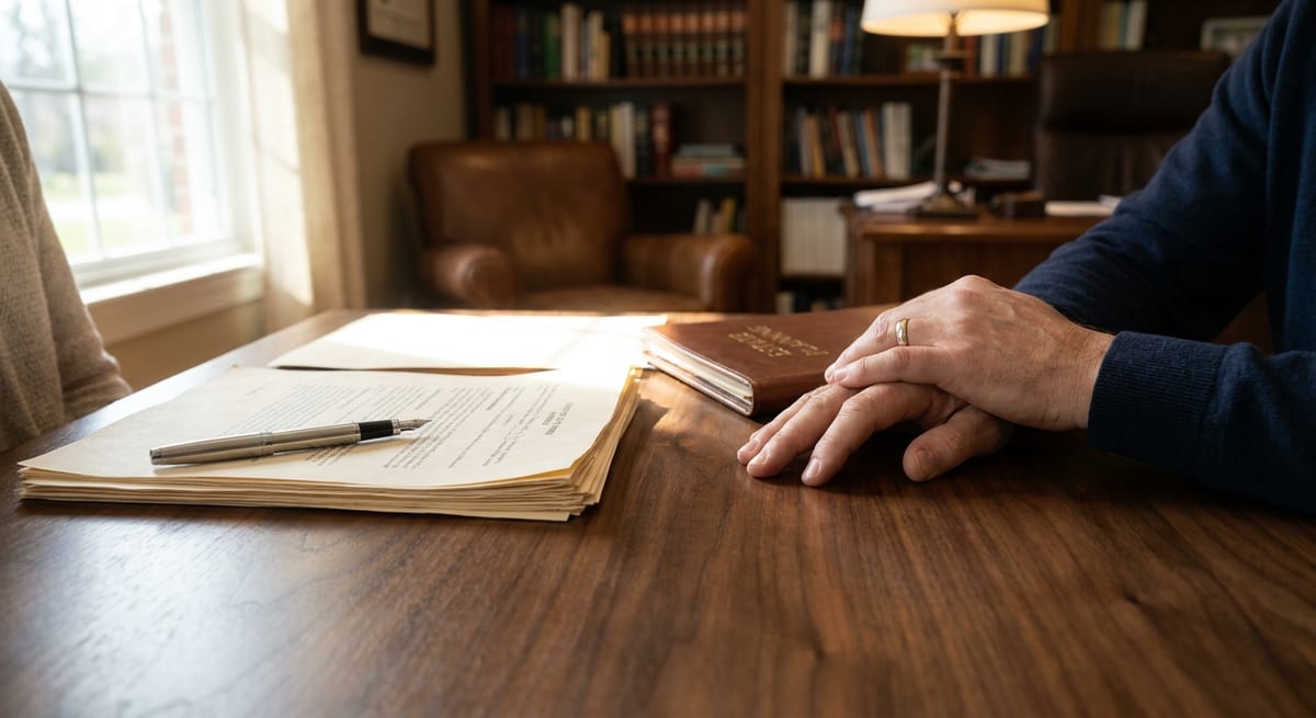 Photograph of hands resting on a wooden desk with legal documents and a pen, representing sponsorship obligations.