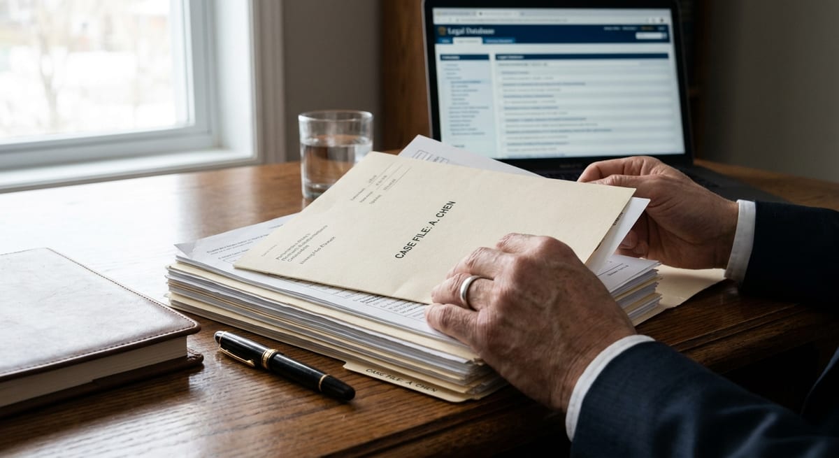 Photograph of hands reviewing a manila case file on a wooden desk, preparing a response to a procedural fairness letter.