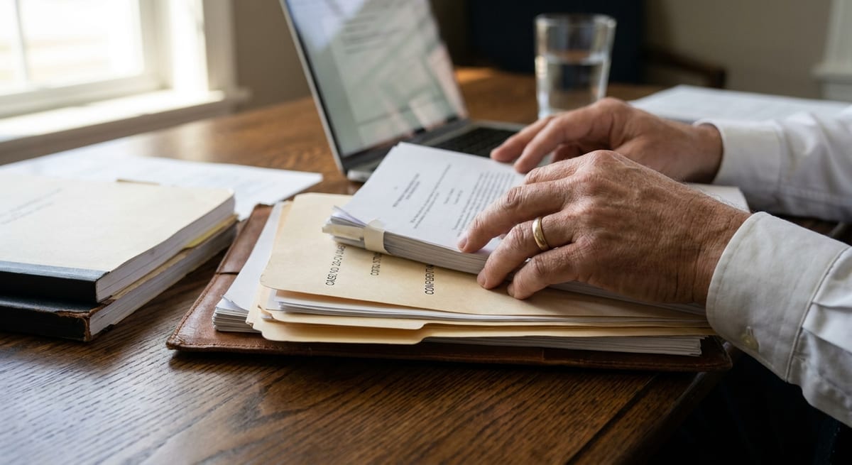 Photograph of hands reviewing legal documents and folders on a wooden desk, preparing for a refugee hearing.