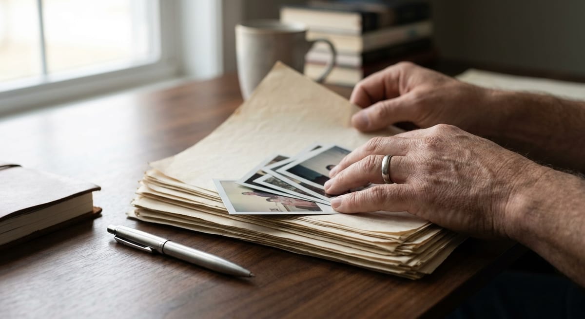 Photograph of hands sorting through photos and documents on a desk as evidence for a common-law sponsorship.