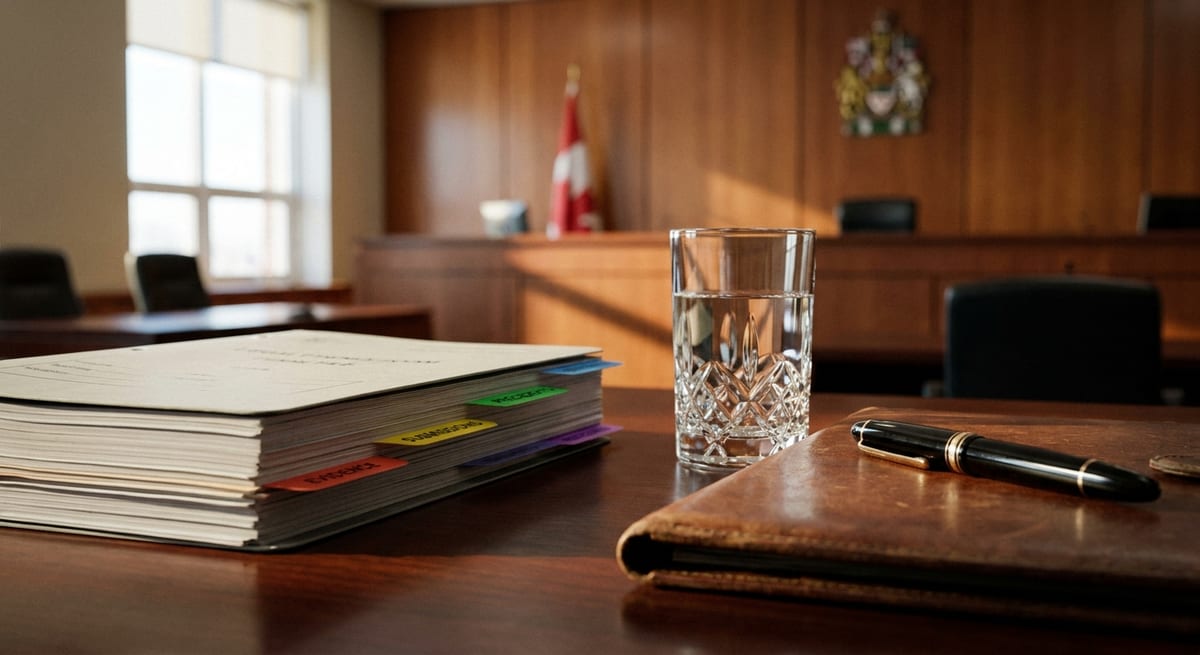 Photograph of legal documents with colored tabs and a pen in a Canadian courtroom for an admissibility hearing.