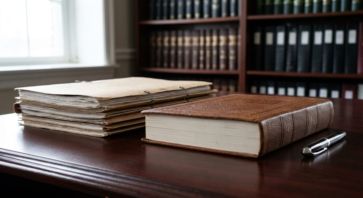 Photograph of legal files and a leather book on a desk, representing evidence for an admissibility hearing in Canada.
