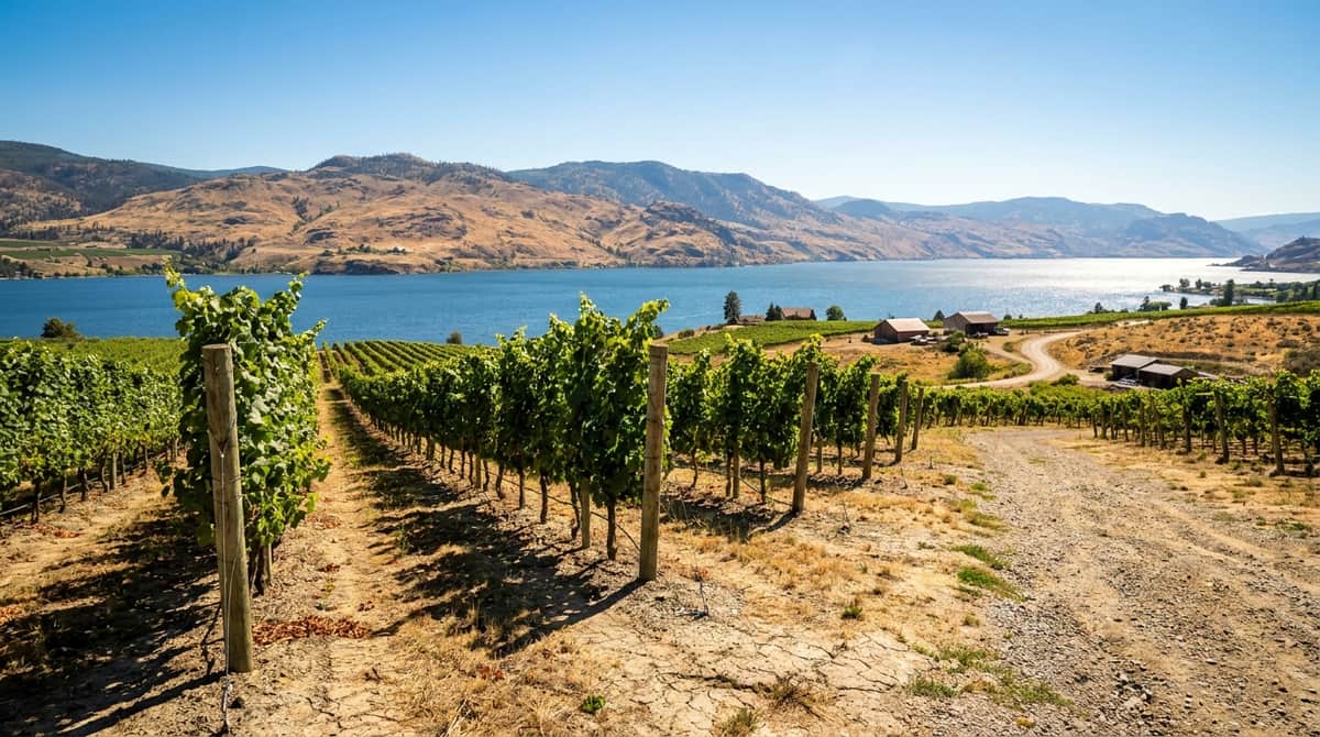 Photograph of lush green grapevines in a Penticton vineyard overlooking the scenic Okanagan Lake in British Columbia.