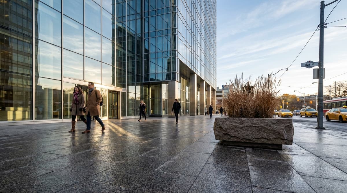 Photograph of pedestrians in coats walking past a modern glass skyscraper in a sunny, urban Canadian city.