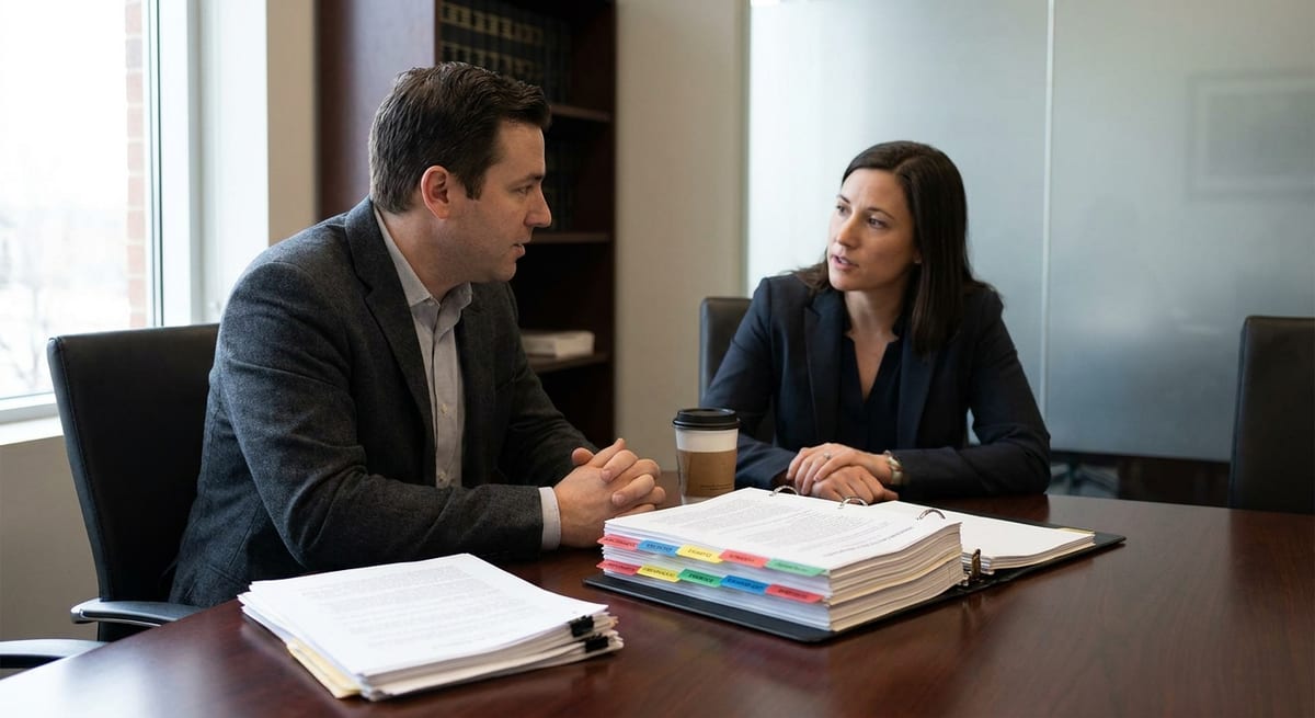 Photograph of professionals reviewing a binder with colorful tabs for a Canadian admissibility hearing process.