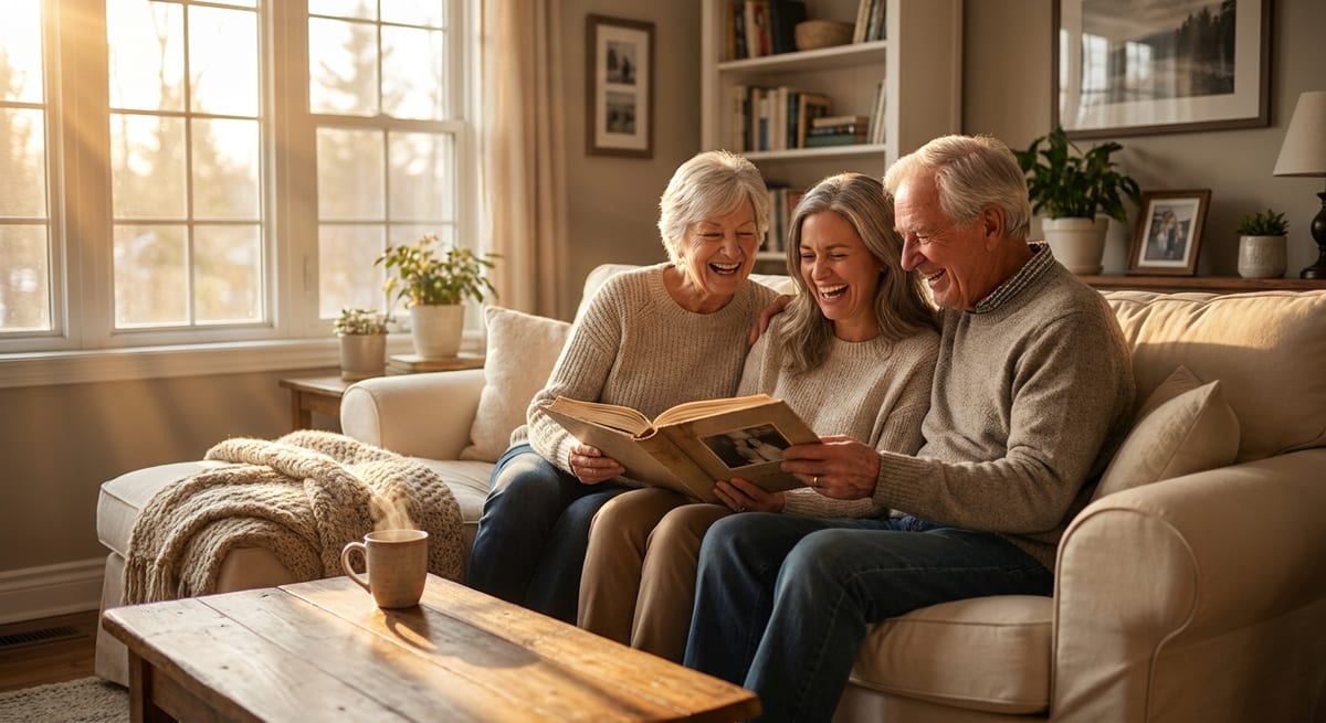 Photograph of smiling parents and grandparents laughing over a photo album, highlighting family ties for a Super Visa.