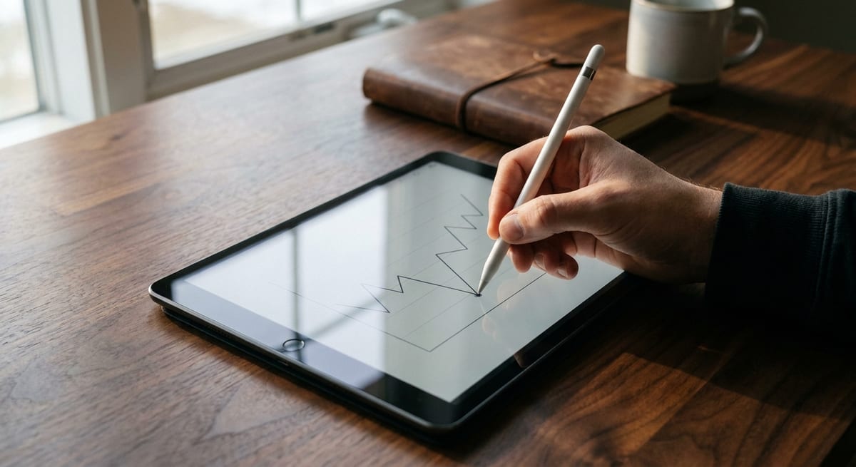 Photograph showing a hand drawing a line graph on a tablet, representing the latest Express Entry CRS score updates.