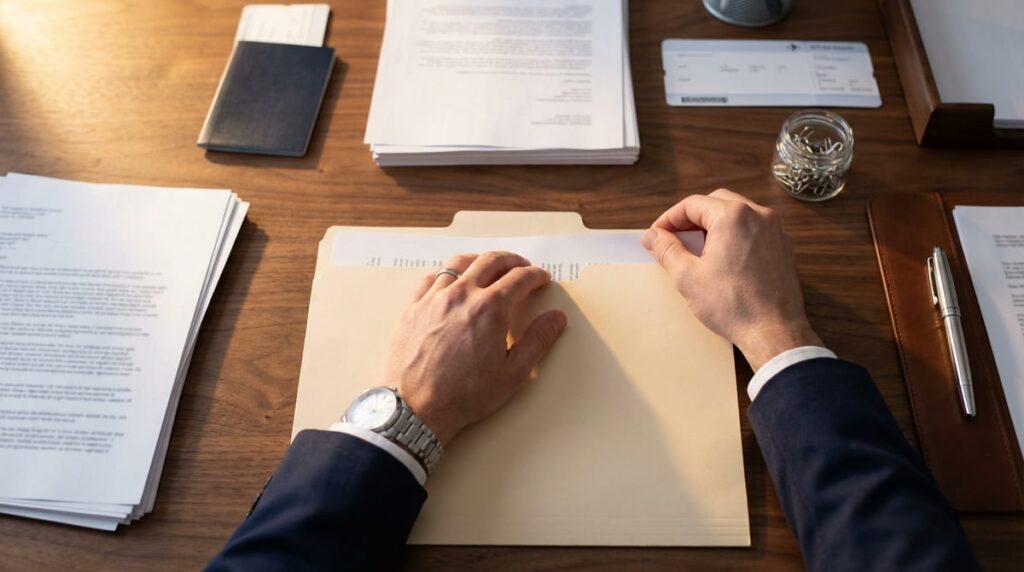 Professional hands organizing official documents, passports, and files on a wooden desk in a bright, modern office.