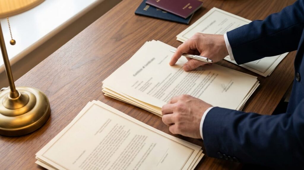 Professional hands reviewing official documents and educational credentials on a wooden desk with a passport and pen.