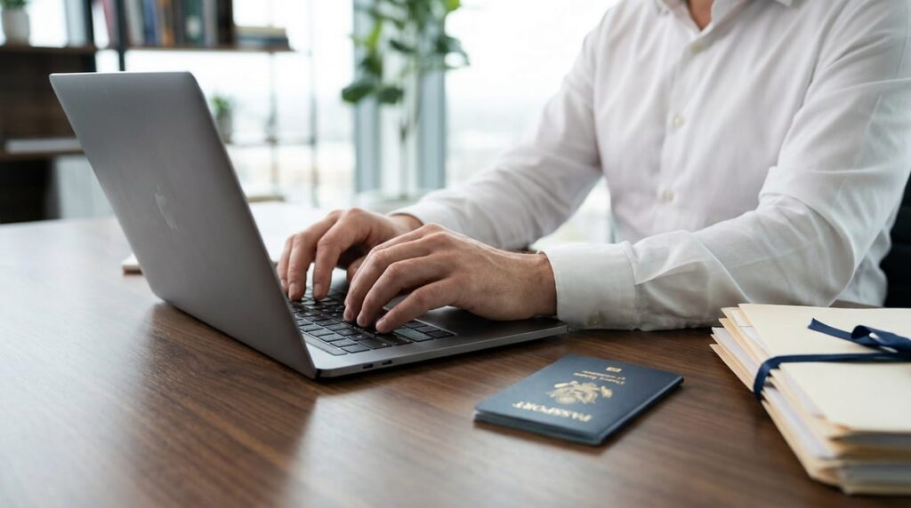 Professional hands typing on a laptop next to a passport and official documents on a modern desk, representing online applications.